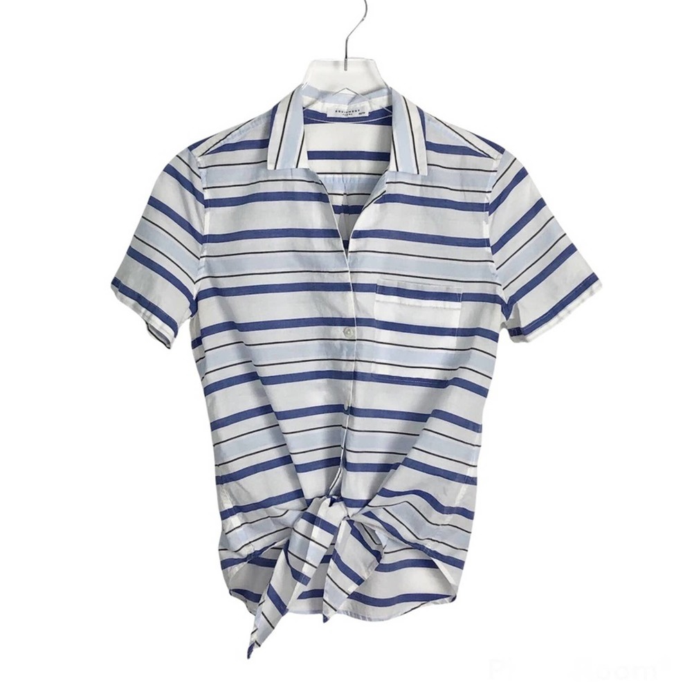 Equipment XS Short Sleeve Tie Front Striped Top Blue White